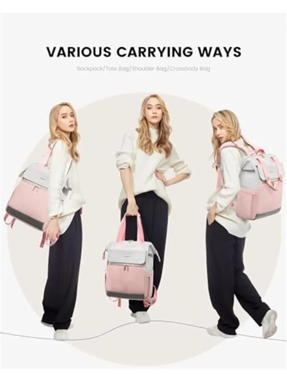 Womens Large Laptop Backpack 17 Inch Travel Work Bag USB Port Grey Pink 2PC